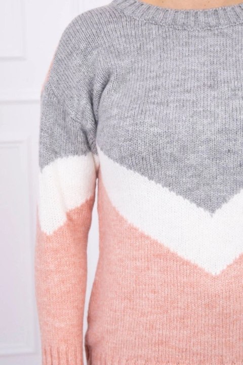 Sweter w geometryczne wzory szary+pudrowym róż