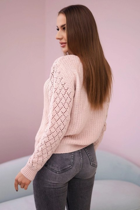 Sweter z ażurowym zdobieniem pudrowy róż