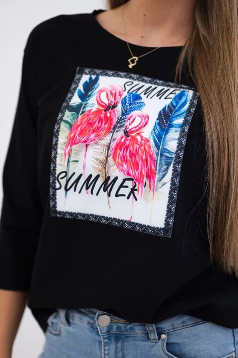 Bluzka z grafiką flamingów 3D czarna