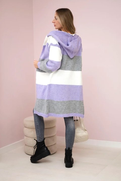 Sweter w pasy trzykolorowy ecru+fioletowy+szary