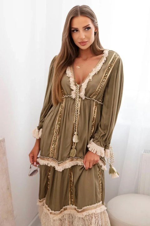Sukienka damska boho z koronką khaki