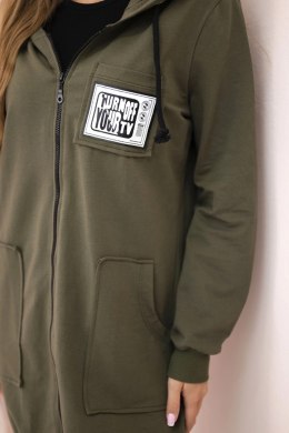 Bluza damska dłuższa z kapturem i zamkiem khaki