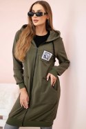 Bluza damska dłuższa z kapturem i zamkiem khaki