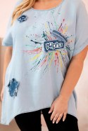 Bluzka damska Plus Size z naszywkami jasno jeansowa