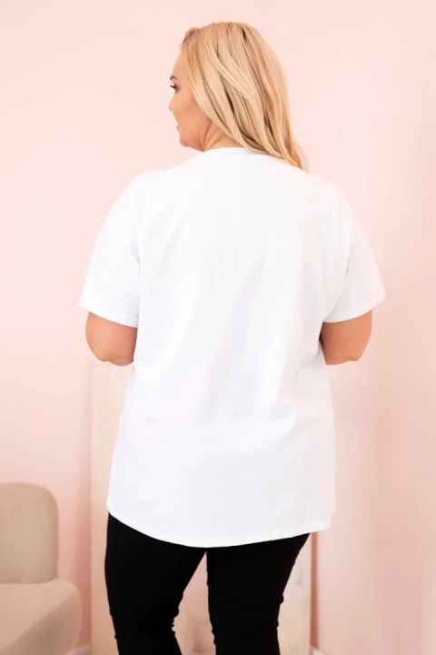 Bluzka damska bawełniana Plus Size z dżetami biały + różowy