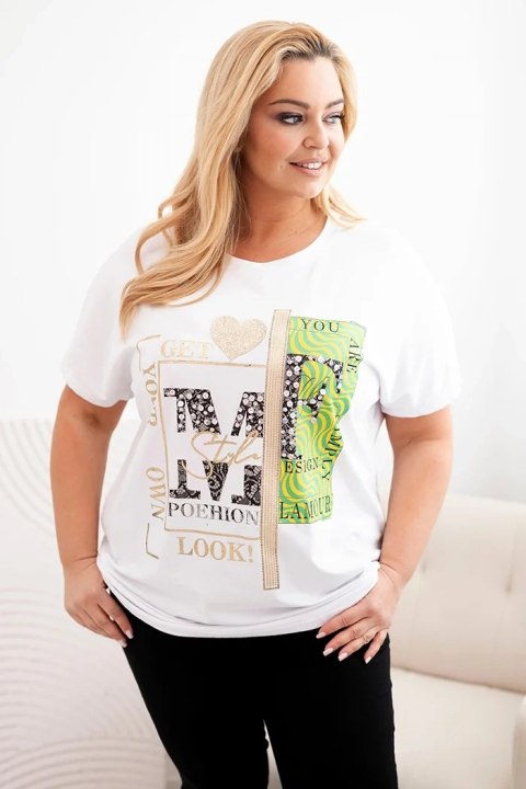 Bluzka damska bawełniana Plus Size z nadrukiem i cekinami biały + zielony