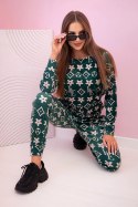 Komplet damski z weluru w monogram zielony + beżowy