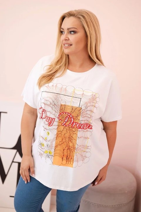 Bluzka damska bawełniana Plus Size z nadrukiem Day Dream biały + pomarańczowy