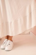 Sukienka damska plus size z krótkim rękawem i falbaną z lekkiej wiskozy beżowa