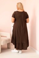 Sukienka damska plus size z krótkim rękawem i falbaną z lekkiej wiskozy brązowa