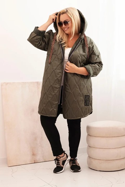 Kurtka damska Plus Size pikowana z kapturem i napisem HOPE khaki