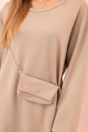 Sukienka damska wiskozowa Plus Size z torebką na łańcuszku ciemno beżowa