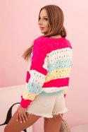 Sweter damski ażurowy w paski z dekoltem V fuksja + żółty
