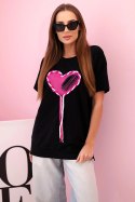T-shirt damska bawełniana oversize z sercem i frędzlami czarna
