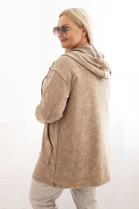 Bluza damska Plus Size dekatyzowana z kapturem i kieszeniami camelowa