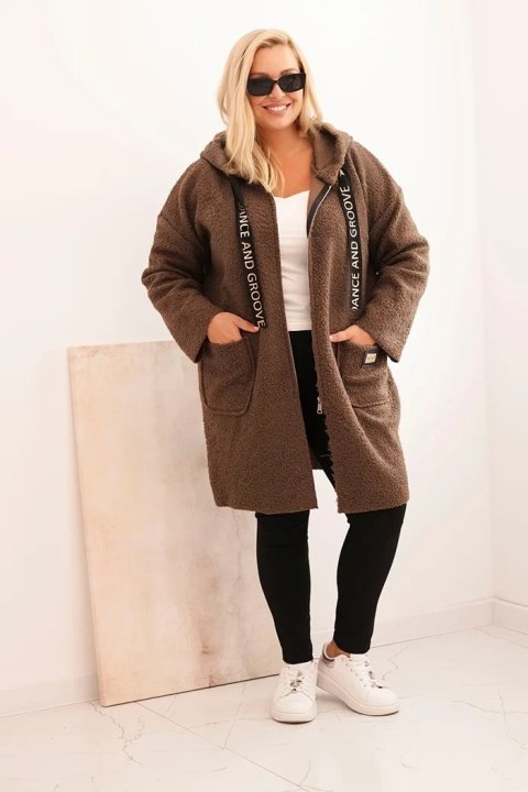 Płaszcz damski Plus Size ze sztucznego baranka z kapturem i kieszeniami brązowy