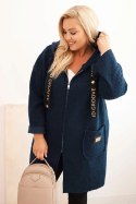 Płaszcz damski Plus Size ze sztucznego baranka z kapturem i kieszeniami granatowy