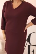 Sukienka damska Plus Size masełkowa z dekoltem V i rękawem bordowa