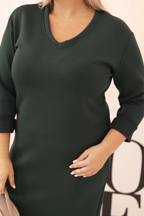 Sukienka damska Plus Size masełkowa z dekoltem V i rękawem ciemno zielona
