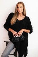 Sweter damski wełniany asymetryczny Plus Size z dekoltem V czarny