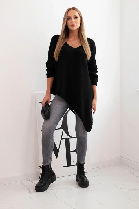 Sweter damski wełniany asymetryczny Plus Size z dekoltem V czarny