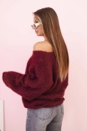 Sweter damski z moheru o luźnym kroju i dekolcie w serek śliwkowy