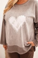 Bluza damska Plus Size bawełniana z nadrukiem serca i troczkami brązowa