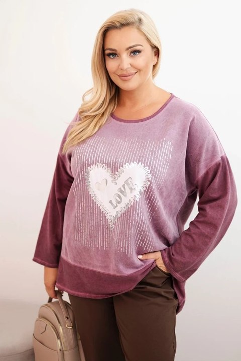 Bluza damska Plus Size bawełniana z nadrukiem serca i troczkami ciemno różowa