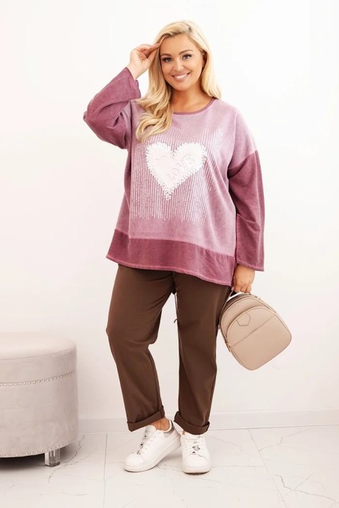 Bluza damska Plus Size bawełniana z nadrukiem serca i troczkami ciemno różowa
