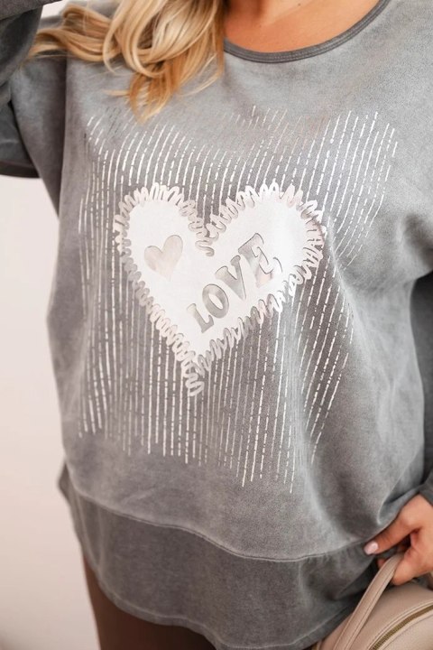 Bluza damska Plus Size bawełniana z nadrukiem serca i troczkami grafitowa