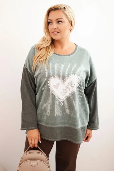 Bluza damska Plus Size bawełniana z nadrukiem serca i troczkami khaki