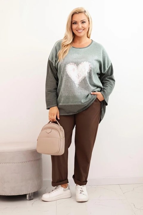 Bluza damska Plus Size bawełniana z nadrukiem serca i troczkami khaki
