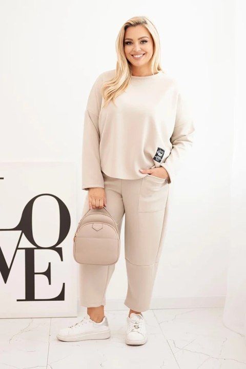 Komplet damski Plus Size masełko bluza i spodnie z kieszeniami beżowy