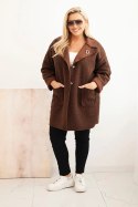 Płaszcz damski Plus Size baranek z wełną i kieszeniami czekoladowy