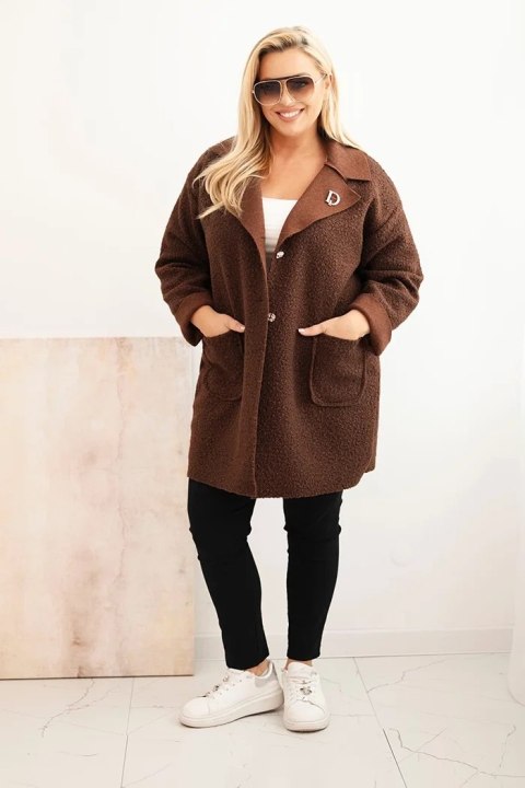 Płaszcz damski Plus Size baranek z wełną i kieszeniami czekoladowy