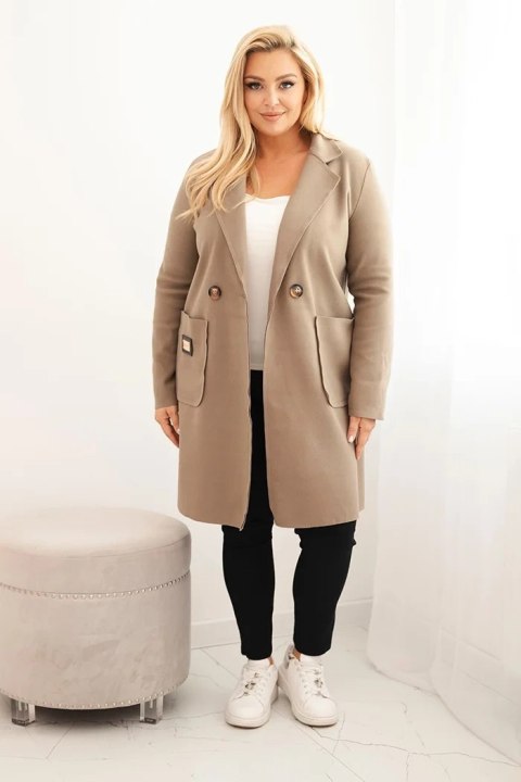 Płaszcz damski elegancki Plus Size z kołnierzem i dużymi kieszeniami fango