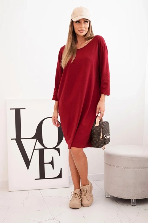 Sukienka damska Plus Size z bawełną o prostym kroju i rękawem 3/4 bordowa