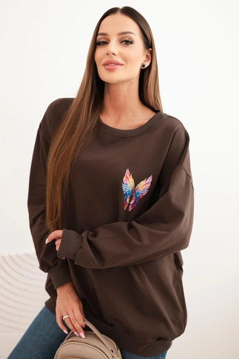Bluza damska oversize z bawełny z kolorowymi skrzydłami na plecach brązowa