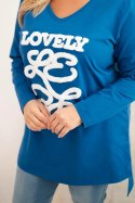 Bluzka damska Plus Size bawełniana z napisem i dekoltem V chabrowa