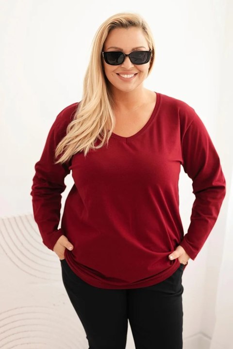 Bluzka damska Plus Size z dekoltem V i długim rękawem bordowa