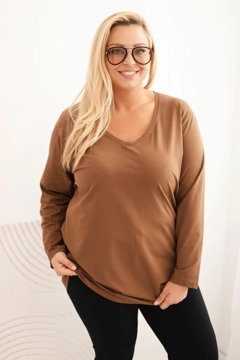 Bluzka damska Plus Size z dekoltem V i długim rękawem brązowa