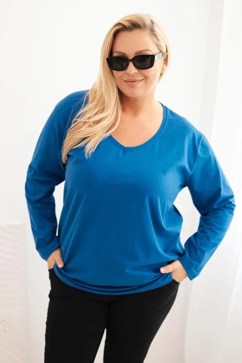 Bluzka damska Plus Size z dekoltem V i długim rękawem chabrowa
