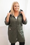 Kurtka damska zimowa pikowana Plus Size z podszewką w panterkę i kapturem khaki