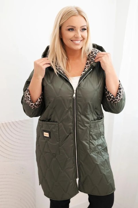 Kurtka damska zimowa pikowana Plus Size z podszewką w panterkę i kapturem khaki