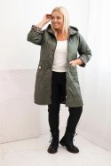 Kurtka damska zimowa pikowana Plus Size z podszewką w panterkę i kapturem khaki