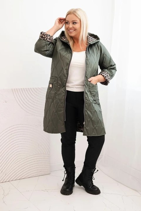 Kurtka damska zimowa pikowana Plus Size z podszewką w panterkę i kapturem khaki