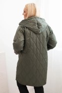 Kurtka damska zimowa pikowana Plus Size z podszewką w panterkę i kapturem khaki