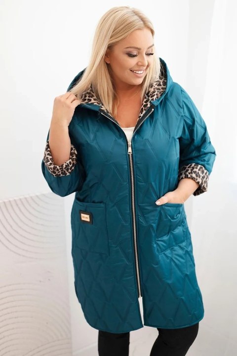 Kurtka damska zimowa pikowana Plus Size z podszewką w panterkę i kapturem morska