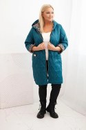 Kurtka damska zimowa pikowana Plus Size z podszewką w panterkę i kapturem morska