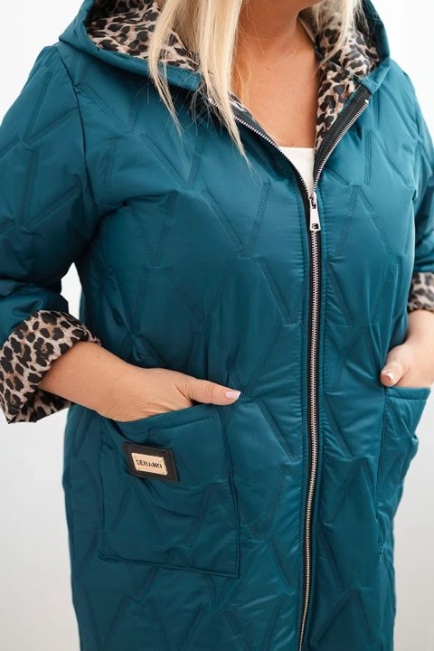 Kurtka damska zimowa pikowana Plus Size z podszewką w panterkę i kapturem morska